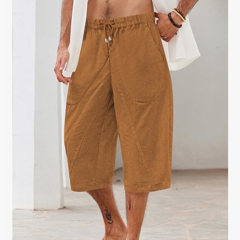 Linen Capris Summer Beach Capri Yoga 3/4 Beach Harem Pants Light Brown